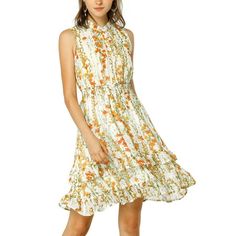 Bursting with charm, this sweetly mini dress is trimmed with a frilly flouncy ruffled hem and floral printed. This cute mini dress is complete with floral printed, button placket, smocked waist, sleeveless and tiered ruffled hem. With the design of smocked waist, this dress can accentuates your graceful figure. Couple perfectly with sandals or high heels for a stylish impression. Occasions: Weekend Gathering, School, Holiday, etc. Please check your measurements to make sure the item fits before Elegant Work Dress, Women Dresses Casual Summer, Summer Tank Dress, Cute Mini Dress, School Holiday, Work Dresses For Women, Short Party Dress, Chiffon Mini Dress, Ruffle Midi Dress