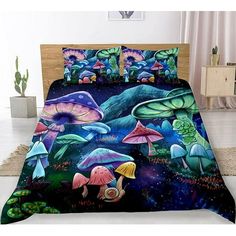 a bed with mushrooms and plants on it