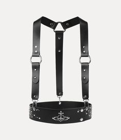 The Studs harness sits over the shoulders and wraps around the waist with industrial-style straps. Black Leather Punk Harness, Black Gothic Leather Harness, Gothic Leather Harness With Belt, Black Vivienne Westwood, Harajuku Street, Leather Harness, Into The Future, Women's Belt, Lace Boots