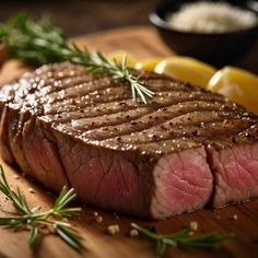 a piece of steak on a wooden cutting board with lemons and rosemary garnish