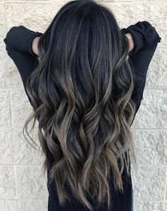 Balayage On Long Black Hair, Black Long Hair Highlights, Dark On Dark Balayage, Black With Balayage, Long Hair No Extensions, Dark Brown Bolyoge Hair, Black Hair With Balayage Highlights, Long Black Hair Balayage, Brown Hair With Ashy Balayage