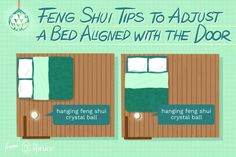 a bed with two green bedspreads and the words feng shu tips to adjust a bed aligned with the door