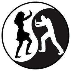 the silhouettes of two people dancing in front of a black and white circle