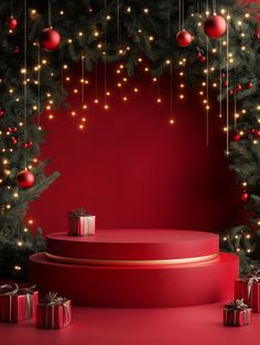 a red stage surrounded by christmas decorations and presents