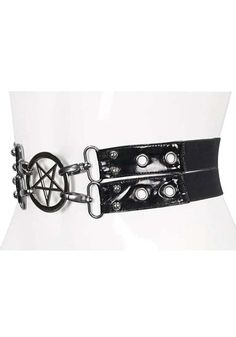 Edgy black leather belt featuring a large silver pentagram buckle and studded details. Multiple adjustable straps for a customizable fit. Perfect for adding a bold, occult-inspired touch to gothic, punk, or alternative outfits. Ideal for cinching dresses or accenting high-waisted bottoms. Material: 100% Synthetic Leather Goth Staples, Inverted Pentacle, Staple Outfits, Gothic Jackets, Double Buckle Belt, Goth Accessories, Star Ornaments, Garment Details, Clothing Staples