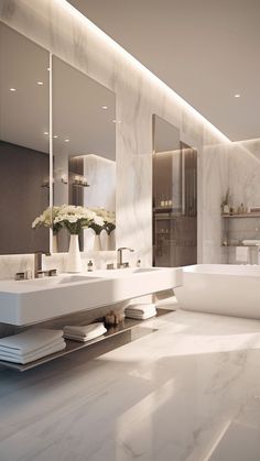 a large bathroom with two sinks, mirrors and a bathtub in the middle of it