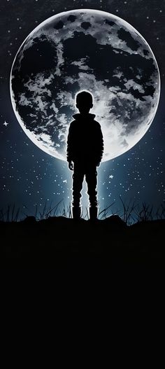 the silhouette of a person standing in front of a full moon