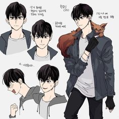 an anime character is holding a cat on his shoulder and posing for the camera with different poses