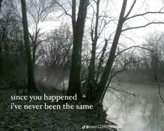 trees and water with a quote written on the bottom that says, since you happened i've never been the same