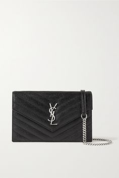 French chic marries Italian craftsmanship in SAINT LAURENT's 'Cassandre' wallet. Made from black textured-leather, it's accented with the label's iconic 'YSL' plaque and has a detachable chain strap. It's perfectly sized to keep your cards, phone and lipstick secure - style yours cross-body or as a clutch. Elegant Formal Envelope Wallet On Chain, Elegant Leather Envelope Wallet On Chain, Luxury Formal Envelope Wallet On Chain, Luxury Formal Wallet On Chain In Envelope Shape, Luxury Envelope Wallet On Chain For Formal Occasions, Saint Laurent Pants, Saint Laurent Shirt, Black Envelopes, Mini Crossbody Bag