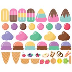 an assortment of ice creams and desserts in different shapes, sizes and colors