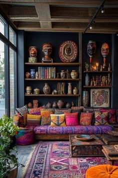 a living room filled with lots of colorful furniture