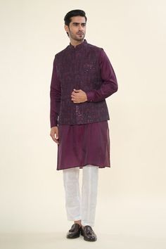 Wine solid kurta. Paired with a Nehru Jacket with thread and sequins embroidery and an off white mexican pant. - Aza Fashions Festive Long Sleeve Nehru Jacket With Sequins, Winter Chikankari Embroidered Nehru Jacket For Festivities, Traditional Nehru Jacket With Sequins For Eid, Festival Long Sleeve Nehru Jacket With Mirror Work, Fall Festive Nehru Jacket, Traditional Festive Outerwear With Sequins, Traditional Sequined Outerwear For Festive Season, Traditional Festive Sequined Outerwear, Solid Kurta Set