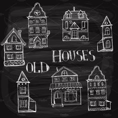 old houses drawn in chalk on a blackboard - miscellaneous objects / arts & crafts