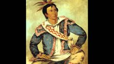 an oil painting of a native american man in blue and white clothing with feathers on his head