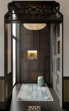 Indochine Interior, Indochine Style, Chinese Interior, Wallpaper For Walls, Entrance Foyer, Foyer Design, Wallpaper Living Room, Door Wall, Wallpaper Ideas