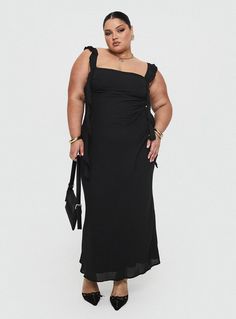 Princess Polly Curve Maxi dress Pleats bust detail, invisible zip fastening at side, frill shoulders straps Non-stretch material, fully lined Princess Polly Lower Impact Main: 95% polyester 5% elastane, Lining: 92% polyester 8% elastane Cold gentle machine wash Stretch Ruched Dress With Ruffled Straps, Stretch Dress With Ruched Ruffled Straps, Stretch Dress With Ruched And Ruffled Straps, Black Curves, Maxi Dress Black, Cowl Neckline, Fleece Dress, Invisible Zip, Outerwear Outfit