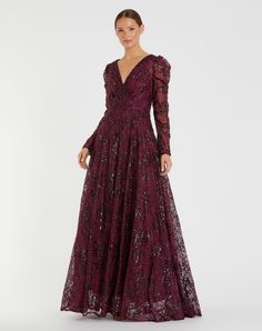 Embellished V Neck Long Sleeve A Line Gown Destination Wedding Guest Dress, Fall Formal Dresses, Mode Purple, Embellished Fabric, Mother Of The Bride Dresses Long, Spring Wedding Guest Dress, Black Tie Wedding Guests, Dress Night Out, Purple Style