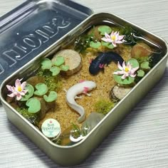 a metal container filled with plants and rocks