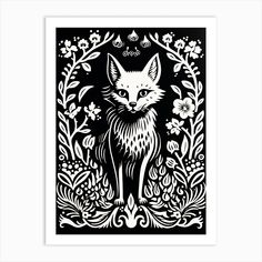 a black and white print with an image of a fox in the middle, surrounded by flowers