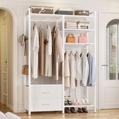 a white closet filled with clothes and shoes