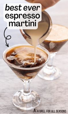 someone pouring coffee into a martini glass with the caption best ever espresso martini