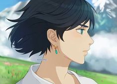 an anime character with black hair and blue eyes looking off into the distance in front of a mountain