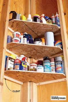 the shelves are filled with paint and other things to use in this crafting project