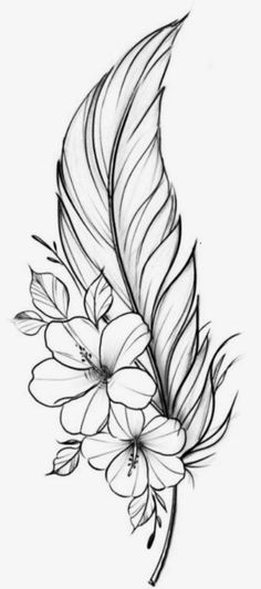 a drawing of a feather with flowers on it