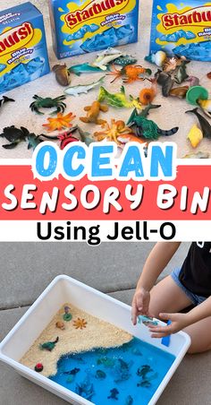 an ocean activity bin is filled with sand and sea animals for kids to play in