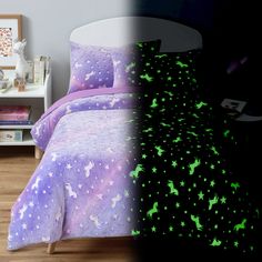 PRICES MAY VARY. 【Dream of A Journey with Stars】Like sleep in the galaxy, the imaginative patterns will glow in the dark at night. Fun and colorful design features the beautiful night sky and stars. Kids will love sleep with it and have a sweet dream. 【7 Sets Contains】1 Comforter-76x86 inches, 2 Pillowcases - 21x30 inches, 2 Pillowcases - 21x26 inches, 1 Flat Sheet -81x96 inches, 1 Fitted Sheet - 54x75+15 inches 【Ultra Soft Material】The comforter fabric made with 250 GSM premium coral fleece fab Dark Comforter, Glow In The Dark Bedding Comforter Sets, Galaxy Bedding Bedroom, Twin Bed Set Glow In The Dark, Purple Starry Night, Sheets Bed, Have A Sweet Dream, Galaxy Bedding Queen Size, Purple Butterfly Bedding Set