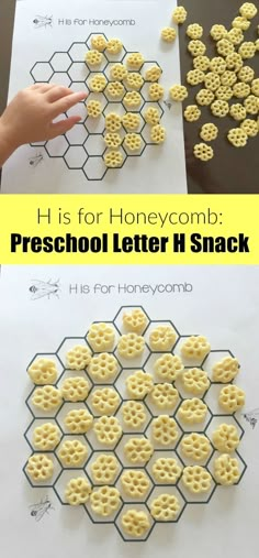 two pictures with the words h is for honeycomb preschool letter h snack