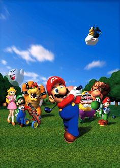 mario and friends are playing golf in the grass