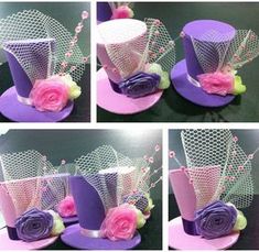 four different pictures of hats with flowers on them, one in purple and the other in pink