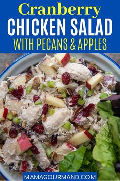 chicken salad with pecans and apples in a bowl