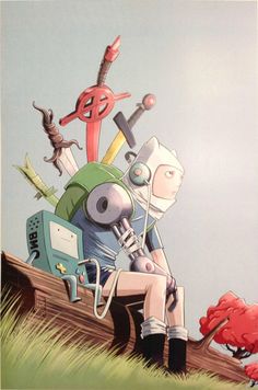 a cartoon character sitting on top of a pile of junk with scissors and other items