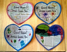 three paper hearts with words written on them, one says good news and the other says jesus loves you