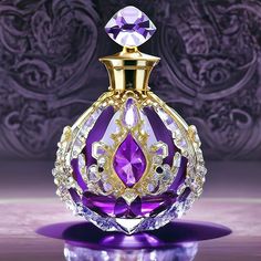 a purple perfume bottle sitting on top of a table