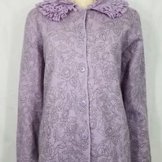 Ladies Button Front Cardigan Sweater J.H. Collectibles Brand Light Purple With Gray Floral Print Size Large (Please Refer To Measurements Below) 100% Wool Brand New With Tags!! No Flaws To Speak Of. Msrp $89.00. Would Make A Great Gift! Measurements Lying Flat: Bust (Pit To Pit): 21 Inches. Length (From Shoulder To Bottom Hem): 25 Inches. Spring Purple Cardigan With Button Closure, Fitted Purple Cardigan With Buttons, Cheetah Cardigan, Red Christmas Sweater, Brown Cardigan Sweater, Tie Dye Cardigan, Black And White Cardigans, Large Cardigan, Duster Cardigan Sweater