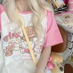 Size: S, Color: White Style Soft Girl, Patchwork Tee, Soft Girl Clothes, Girl Aesthetics, 일본 패션, Japanese Kawaii, Bear Graphic, T Shirts Women, Women Pink