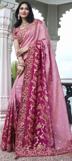 Pink and Majenta color Saree in Viscose fabric with Embroidered, Resham, Sequence, Thread work Pink Zari Weaving Dupatta For Reception, Semi-stitched Embroidered Fabric With Zari Weaving For Wedding, Pink Embroidered Fabric With Zari Weaving For Wedding, Luxury Pink Saree With Gota Work, Pink Wedding Embroidered Fabric With Zari Weaving, Pink Embroidered Saree Fabric For Festive Season, Semi-stitched Wedding Fabric With Zari Weaving, Pink Embroidered Saree Fabric With Sequins, Pink Bollywood Embroidered Saree Fabric