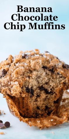 banana chocolate chip muffins on a white surface with text overlay that reads, banana chocolate chip muffins