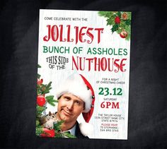 a christmas party flyer with an image of a man in a santa hat