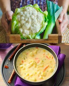 there is a bowl of soup with cauliflower on the side and another dish in front of it