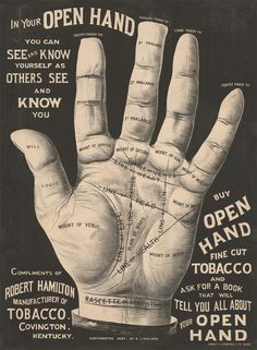 an old poster with the words open hand written in black and white on it's palm