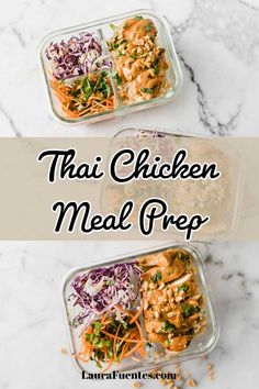 two glass containers filled with chicken meal preps and the words thai chicken meal prep