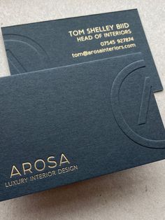 Embossed logo with gold foil printed text on a slate grey business card. Debossed Business Card, Etsy Business Cards, Architecture Business Cards, Gold Foil Business Cards, Elegant Business Cards Design, Foil Embossing