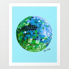 a green and blue disco ball art print