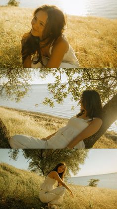 two pictures of a woman sitting on the ground next to a tree and grass field