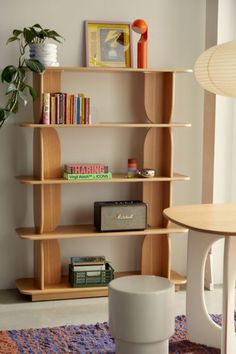 a living room filled with furniture and a book shelf on top of a carpeted floor